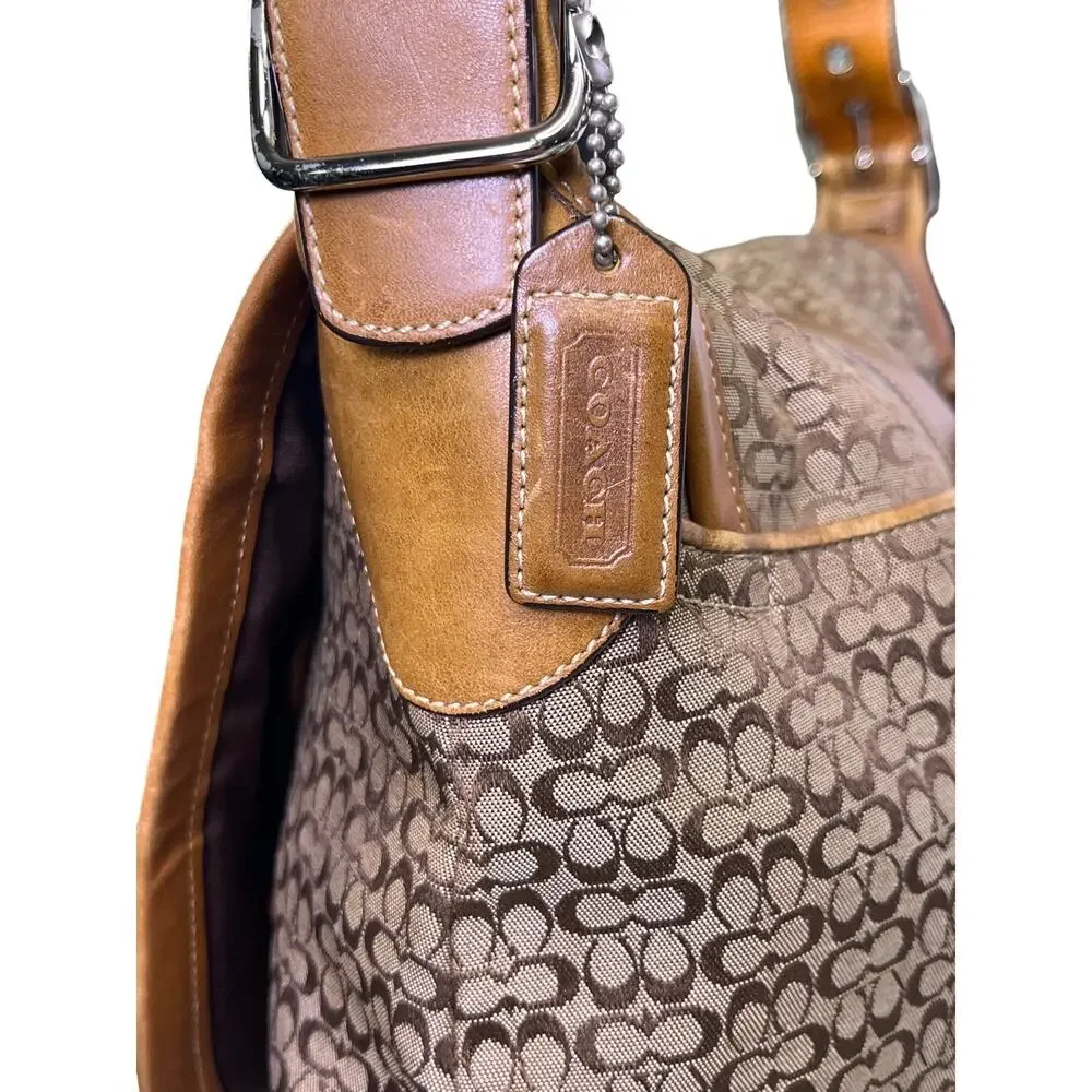 Coach Signature Canvas Leather Messenger Crossbody Bag Flap Laptop Brown Tan